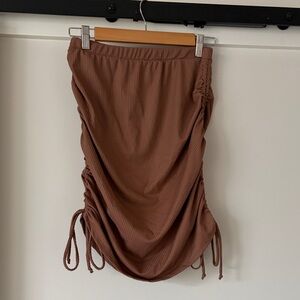 Ruched Ribbed Adjustable Lenth Drawstring Skirt - Chocolate Brown